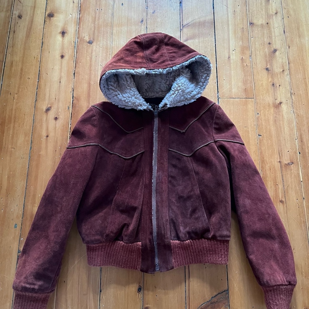 Vintage Suede Sherpa Hooded Bomber Jacket